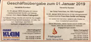 Geschäftsübergabe Annonce