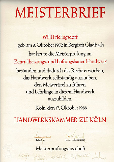 Meisterbrief Zentralheizung- und Lüftungsbauer Willi Frielingsdorf