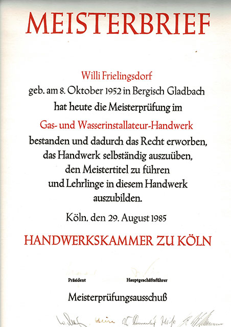 Meisterbrief Gas- und Wasserinstallateur Willi Frielingsdorf